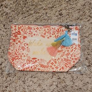 Tan and Pink cloth canvas cosmetic make up bag with zipper